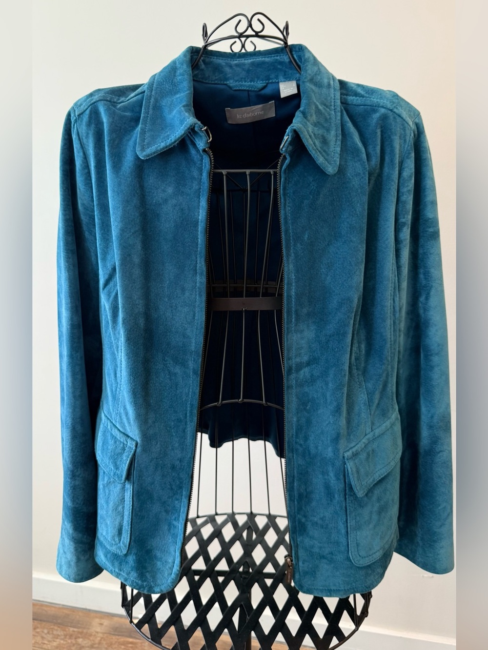 Liz Claiborne - Genuine Pig Suede Zip-Front Collared Jacket - Large - Teal Blue